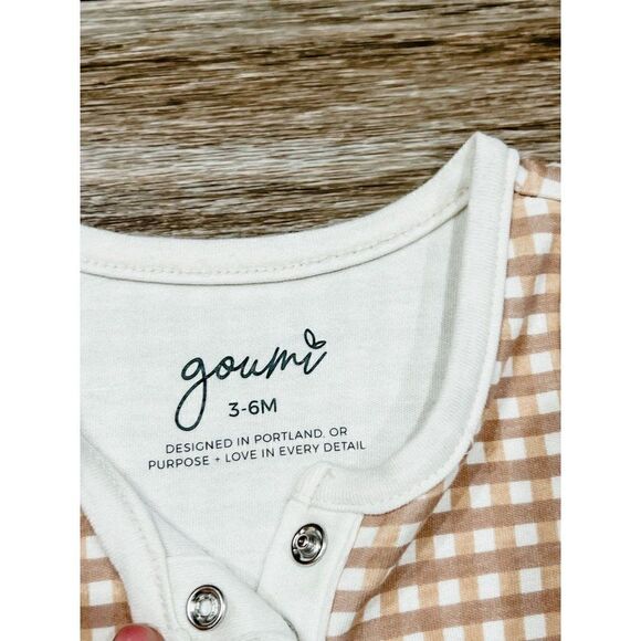 NEW Goumi Kids Bamboo Tan White Gingham Picnic Sleeveless Romper Size 3-6M - Picture 2 of 3
